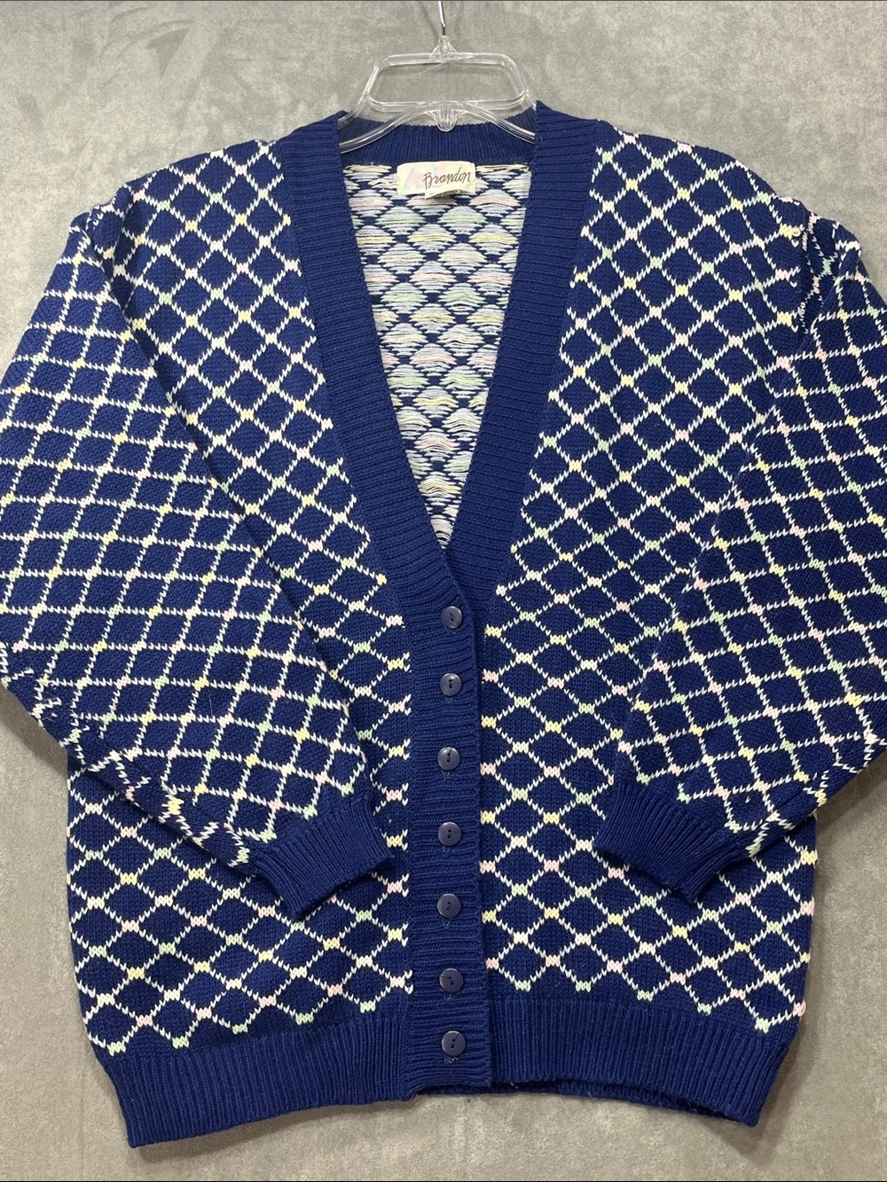 Vintage 80s AJ Brandon Argyle Cardigan Sweater M Navy Pastel NWOT